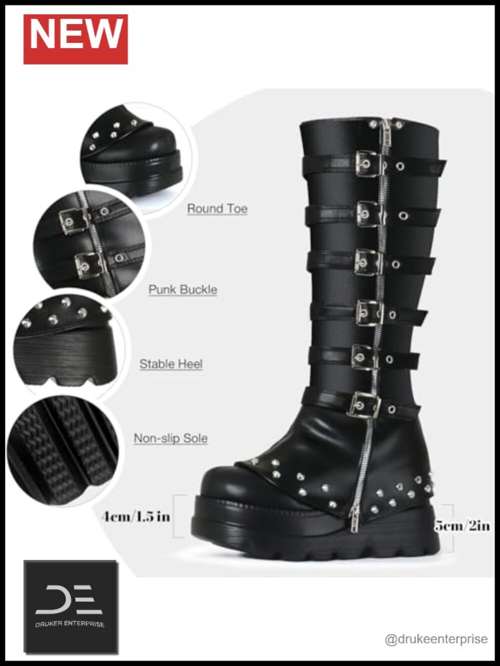 Women's Knee High Goth Platform Wedge Boots Punk Harness Chunky Heels Cosplay - Picture 4 of 6